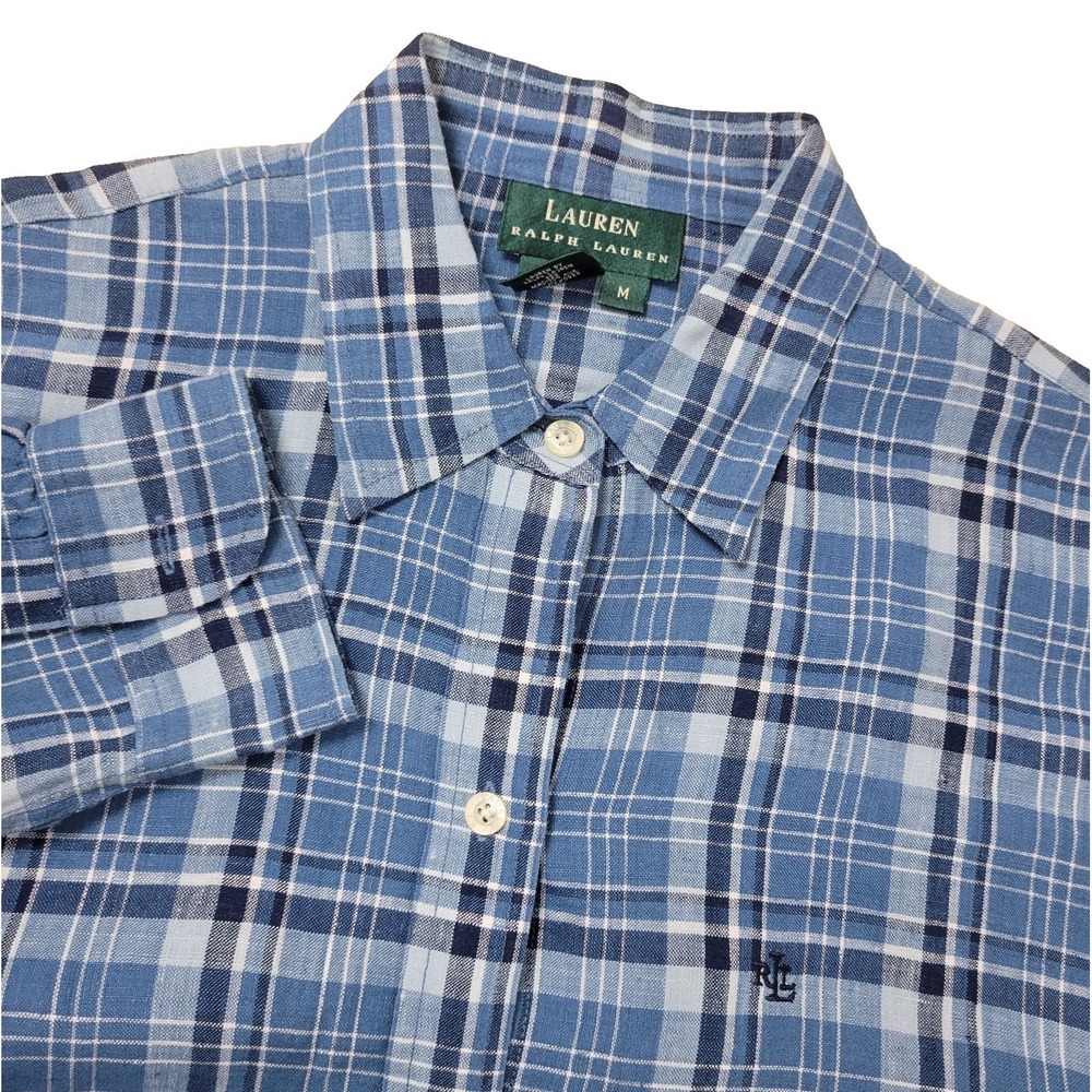 Lauren Ralph Lauren Mens Medium Blue Plaid Button Up 100% Linen Long Sleeve